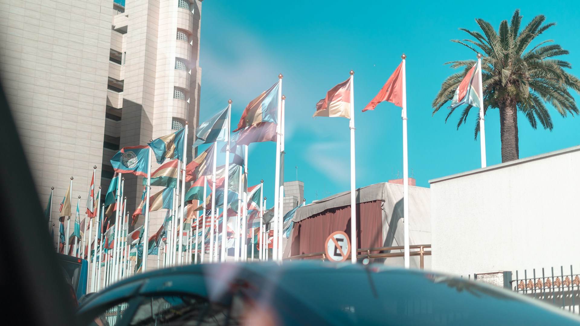 Banderas internacionales ondeando frente a edificio corporativo con palmeras